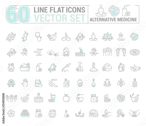 Vector graphic set.Icons in flat, contour,thin and linear design.Alternative medicine. Natural beauty.Simple isolated icon on white background.Concept illustration for Web site app.Sign,symbol,emblem.