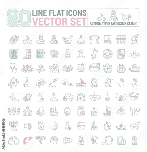 Vector graphic set.Icons in flat, contour,thin and linear design.Center Alternative Medicine. Check up diagnosis.Simple isolated icon.Concept illustration for Web site app.Sign,symbol,emblem.