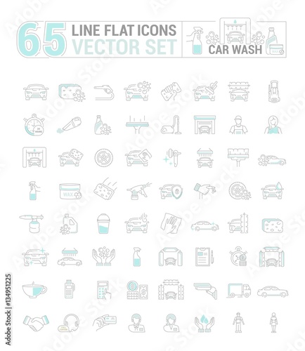 Vector graphic set. Icons in flat, contour, thin and linear design.Car wash. Gear and equipment for washing.Simple icon on white background.Concept illustration for Web site, app.Sign, symbol, emblem.