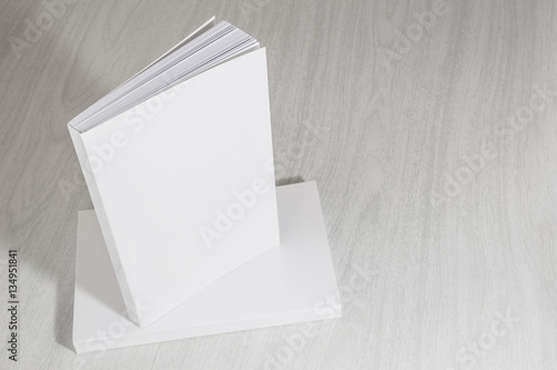 Real 3D paperback white books on a wood background