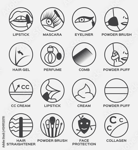 cosmetic icon vector . lipstick mascara eyeliner powder brush hair gel perfume comb cream puff straightener face protection collagen
