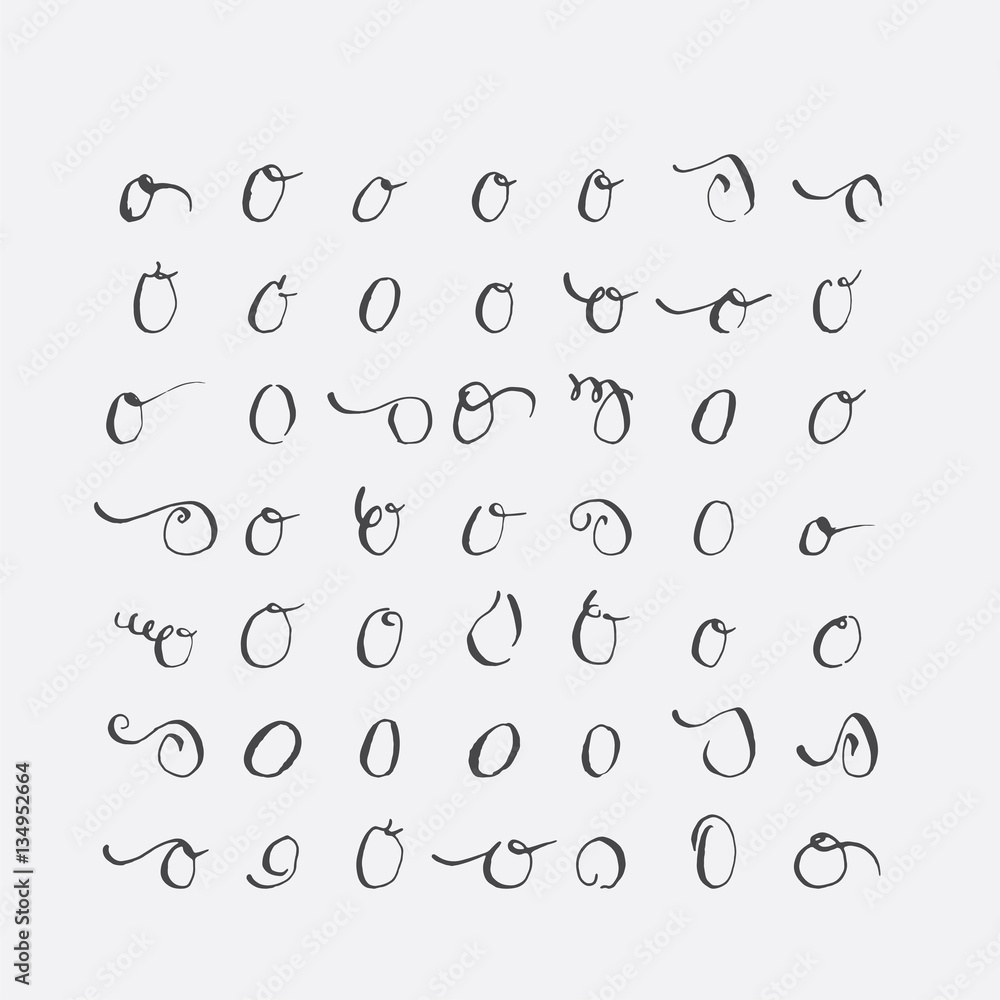 Vector set of calligraphic letters O, handwritten with pointed nib, decorated with flourishes and decorative elements. Isolated on grey black imperfect letters sequence. Various shapes collection.