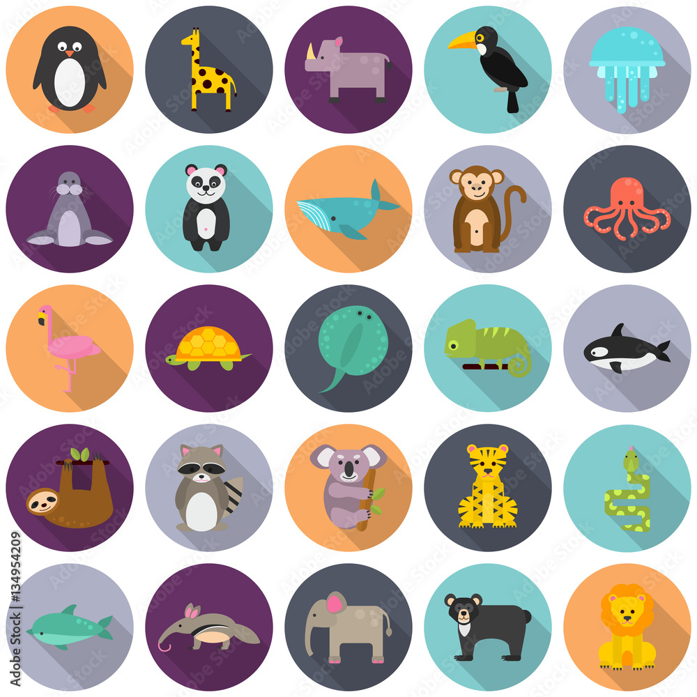 Set of funny color flat animals icons Set of funny color flat animals icons