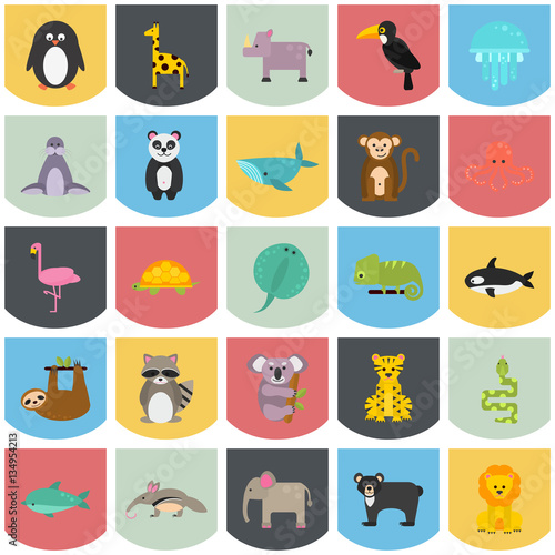 Fototapeta Naklejka Na Ścianę i Meble -  Set of funny color flat animals icons