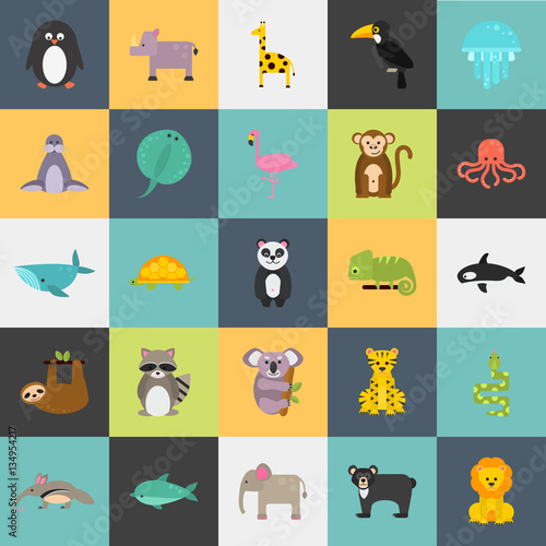 Set of funny color flat animals icons