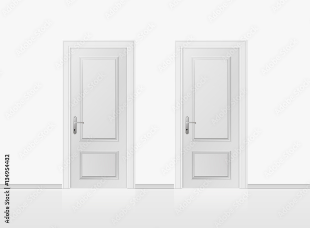 Two white closed doors isolated on white background. Realistic vector illustration. Two white closed doors isolated on white background. Realistic vector illustration.