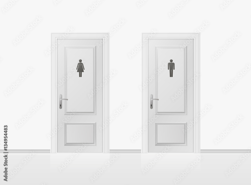 Toilet doors for male and female genders. Realistic WC door. Vector illustration. 