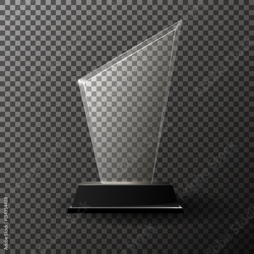 Glass trophy award isolated on transparent background. Realistic vector illustration.