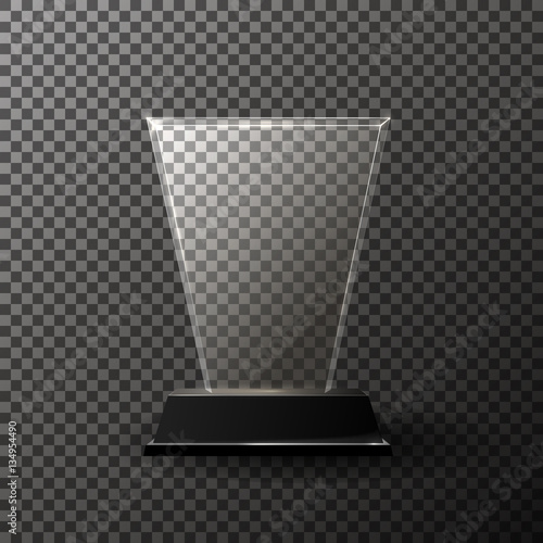 Glass trophy award isolated on transparent background. Realistic vector illustration.