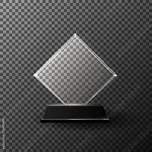 Glass trophy award isolated on transparent background. Realistic vector illustration.