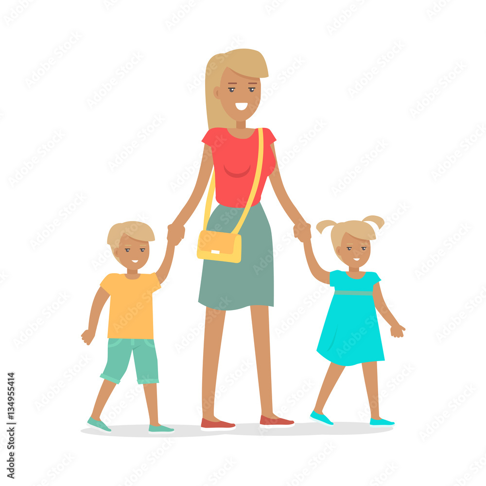 Woman and Two Children Isolated on White. Vector Woman and Two Children Isolated on White. Vector