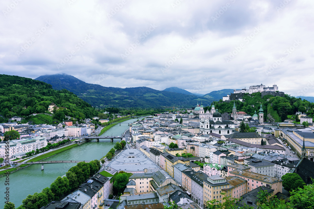 Salzach River in Salzburg, Austria. Famous place Unesco Heritage Festung Hohensalzburg, Salzburger Land, Austria, Europe