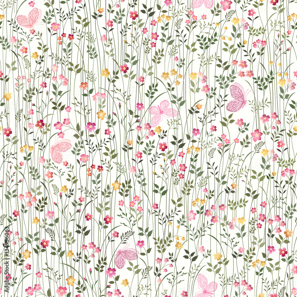 seamless floral pattern with meadow flowers and  butterflies on white background