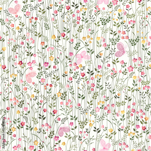 seamless floral pattern with meadow flowers and butterflies on white background