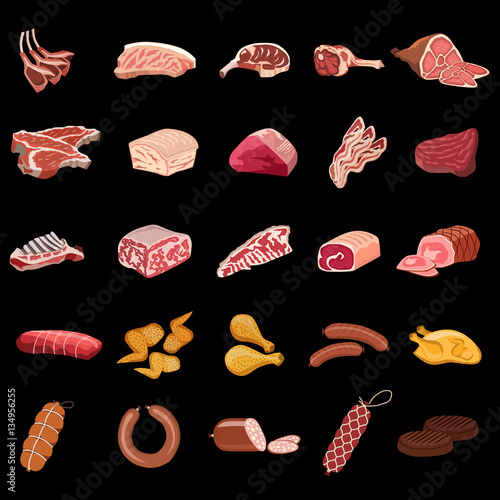 meat products flat icon set