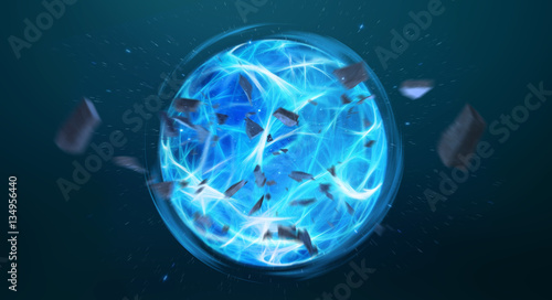 Digital blue exploding superpower ball 3D rendering
