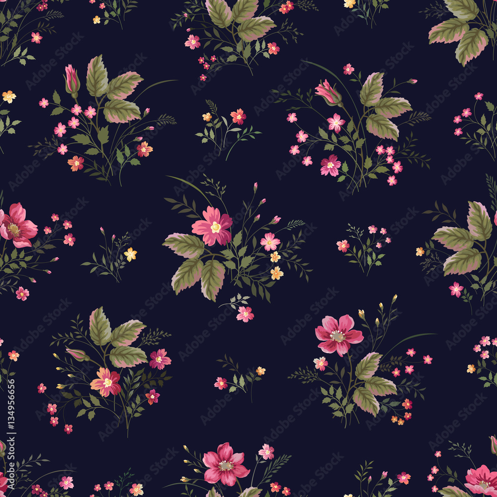 Obraz premium seamless floral pattern with rosrs on dark blue background