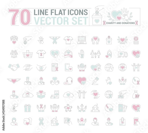 Vector graphic set. Icons in flat, contour, thin and linear design.Charity and donation.Simple icon on white background.Concept illustration for Web site, app.Sign, symbol, emblem.