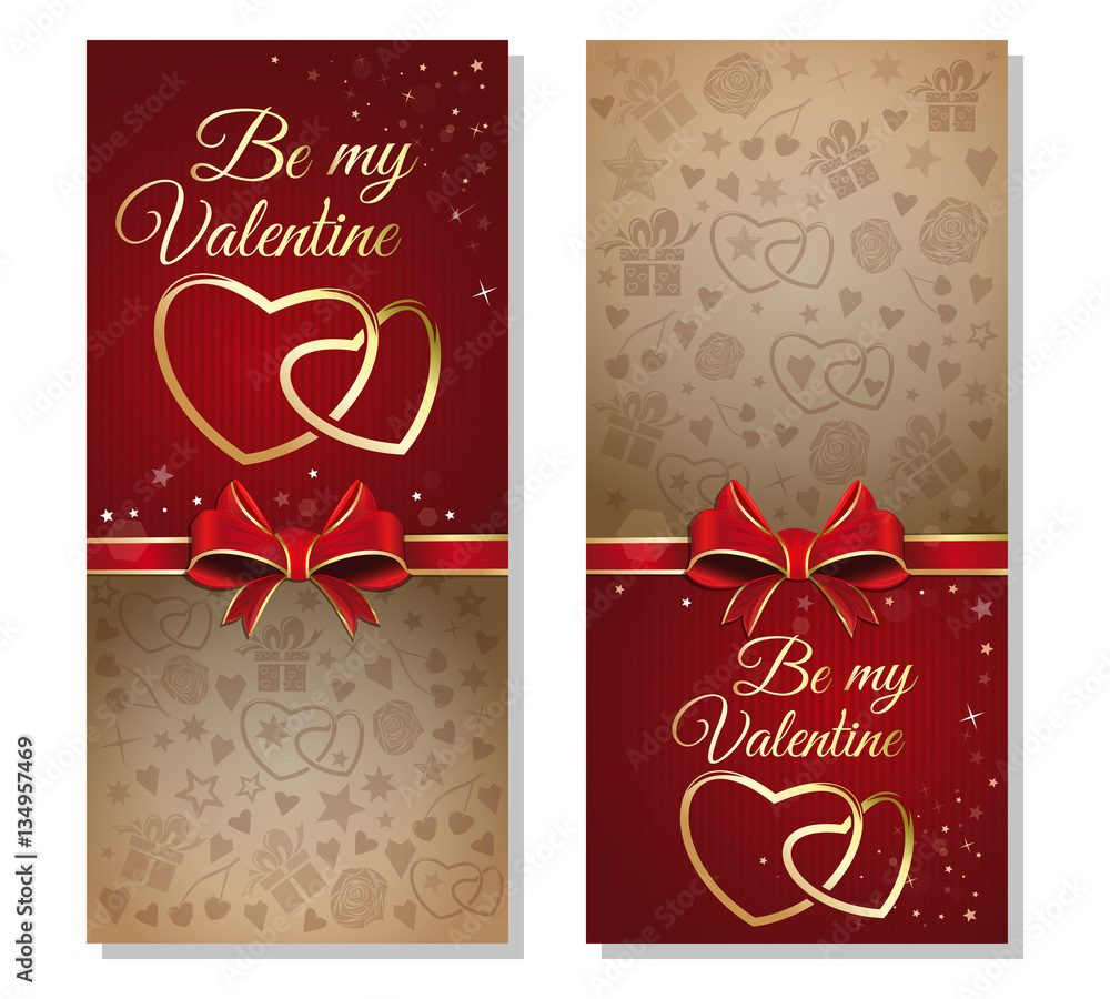 Naklejka premium Valentine's Day design. Be my Valentine. Set retro background with red ribbon and bow for Valentine's Day. Vector flyer templates