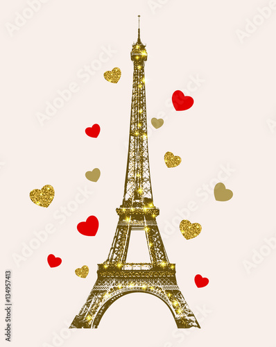 Golden shining Eiffel Tower and hearts