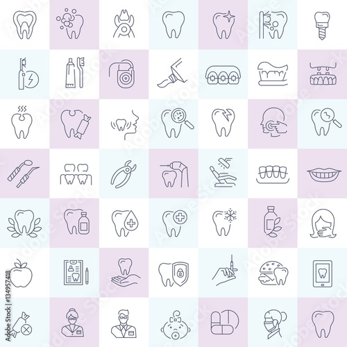 Vector graphic set. Simple isolated Icons in flat, contour, outline, thin and linear design.Dental care and dentist.Dental disease and treatment. Prosthetics, removal. Element, emblem, symbol, logo.