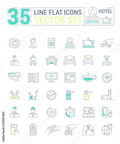 Vector graphic set.Icons in flat, contour,thin and linear design.Hotel and its services.Simple isolated icon on white background.Concept illustration for Web site, app.Sign,symbol,emblem.