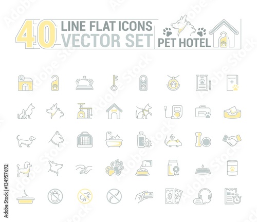 Vector graphic set. Icons in flat, contour, thin and linear design. Hotel for pets. Simple icon on white background.Concept illustration for Web site, app. Sign, symbol, emblem.