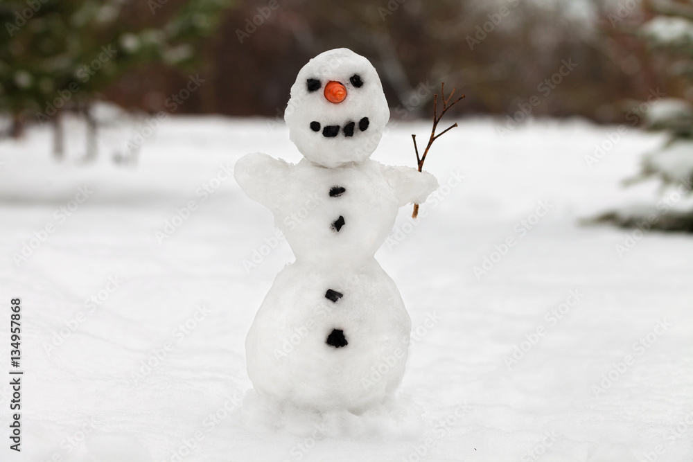 Little snowman in garden with carrot nose and branch in his hand. Smiling snowman in natural background. Snowman on calm background. Calm outer winter garden Little snowman in garden with carrot nose and branch in his hand. Smiling snowman in natural background. Snowman on calm background. Calm outer winter garden