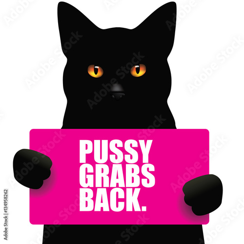 Female symbol wearing pink knit cat hat. Black cat holding sign that says pussy grabs back. Symbol of female solidarity. EPS 10 vector.