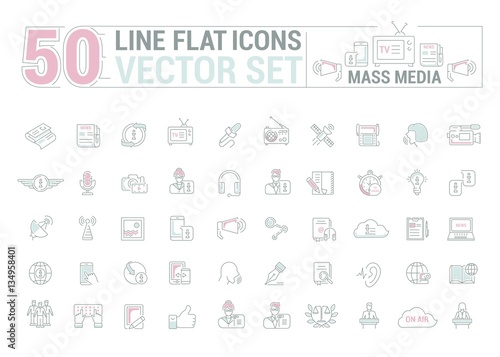 Vector graphic set.Icons in flat, contour,thin and linear design.Mass media.Organs of public opinion.Simple isolated icon on white background.Concept illustration for Web site, app.Sign,symbol,emblem.