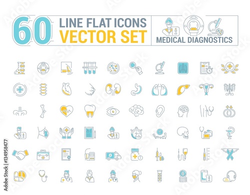 Vector graphic set. Icons in flat, contour, thin and linear design.Medical diagnostics. Check up.Simple icon on white background.Concept illustration for Web site, app.Sign, symbol, emblem.