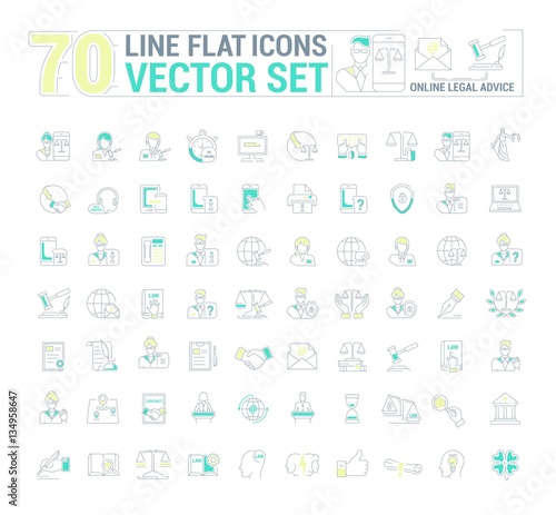 Vector graphic set. Icons in flat, contour, thin and linear design.Lawyer.Online legal advice.Online jurist.Simple icon on white background.Concept illustration for Web site, app.Sign, symbol, emblem.
