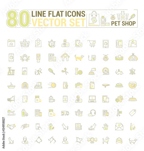 Vector graphic set. Icons in flat, contour, thin and linear design.Shop accessories for pets and owners.Simple icon on white background.Concept illustration for Web site, app.Sign, symbol, emblem. © marinashevchenko