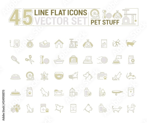 Vector graphic set. Icons in flat, contour, thin and linear design.Stuff for pets and their owners.Simple icon on white background.Concept illustration for Web site, app.Sign, symbol, emblem.