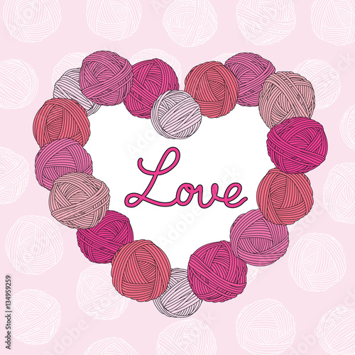Yarn balls heart. Valentine's Day. Pink background.