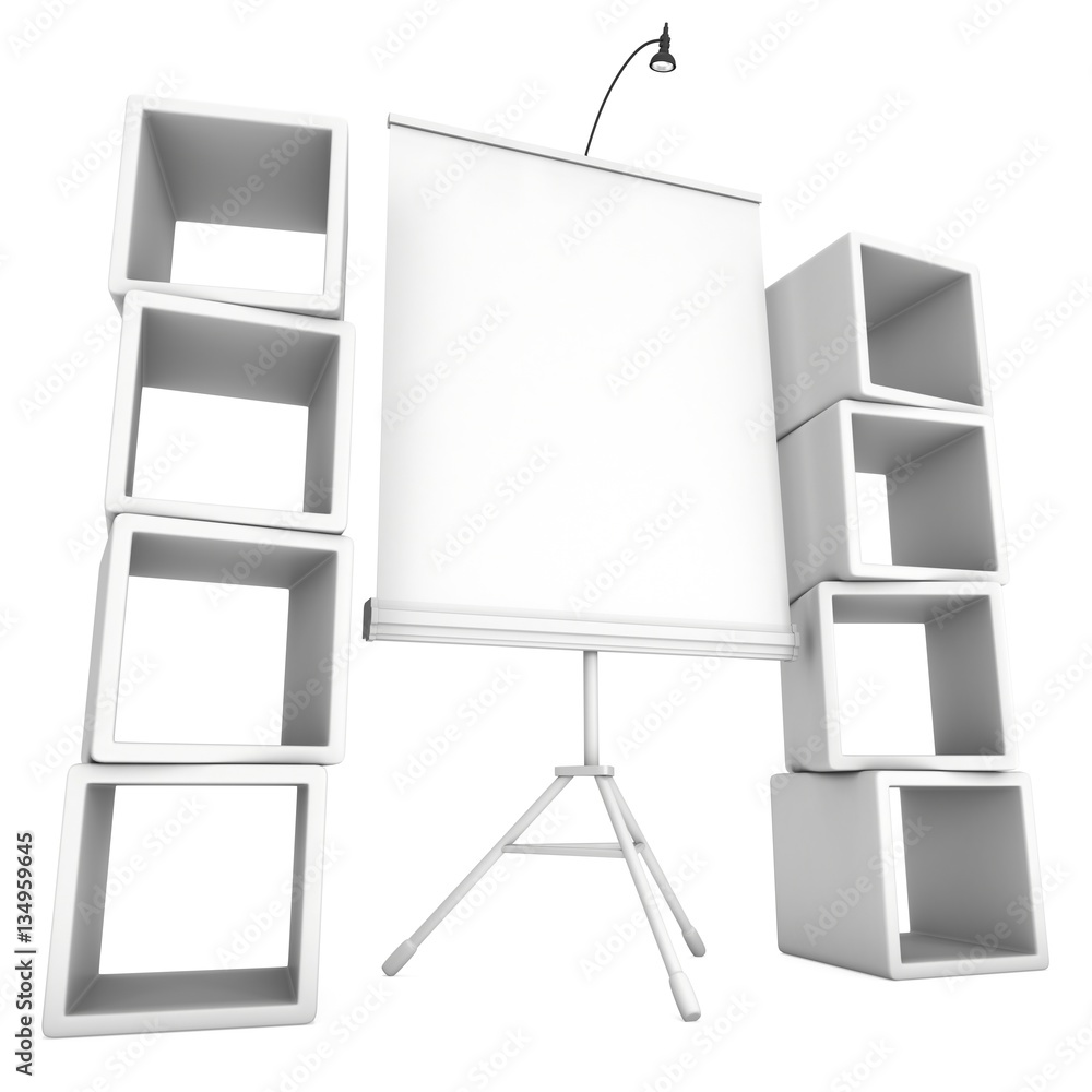Blank Roll Up Expo Banner Stand on Tripod and product display boxes. Trade show booth white and blank. 3d render illustration isolated on white background. Template mockup for your expo design. Blank Roll Up Expo Banner Stand on Tripod and product display boxes. Trade show booth white and blank. 3d render illustration isolated on white background. Template mockup for your expo design.