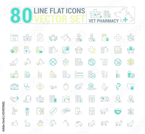 Vector graphic set. Icons in flat, contour, thin and linear design.Vet pharmacy. Preparations for animals.Simple icon on white background.Concept illustration for Web site, app. Sign, symbol, emblem.