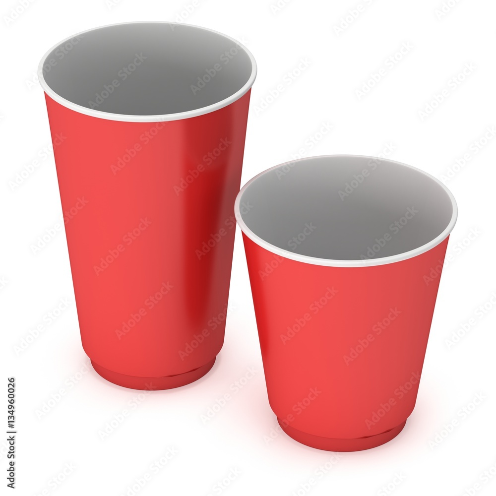 Disposable drink cups. Red paper mug. 3d render isolated on white background Disposable drink cups. Red paper mug. 3d render isolated on white background