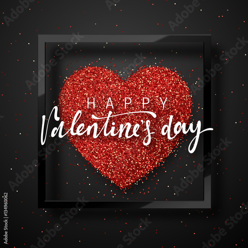 Happy Valentines Day lettering greeting card on red bright heart background. Festive banner and poster.