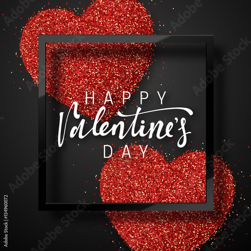 Happy Valentines Day lettering greeting card on red bright heart background. Festive banner and poster. photo