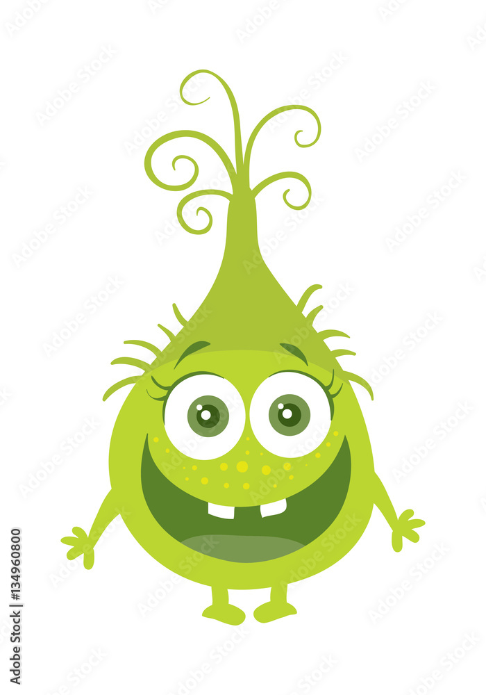 Fototapeta premium Funny Smiling Germ Green Cartoon Character. Vector
