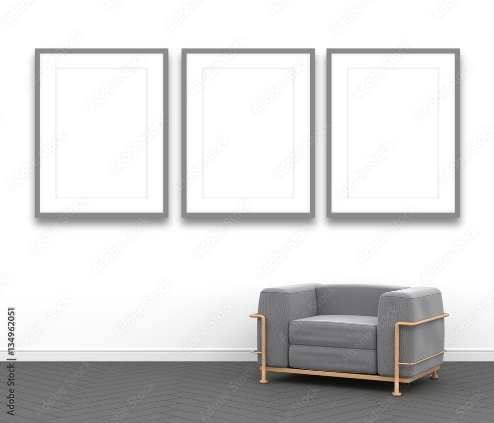 3d interior rendering of living room scene with gray modern chair and three blank gray picture frames 3d interior rendering of living room scene with gray modern chair and three blank gray picture frames