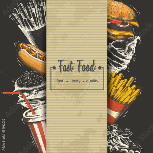 Hand-drawn Fast food menu. Background with food for menu and advertising or packaging. Sketch. Vector design