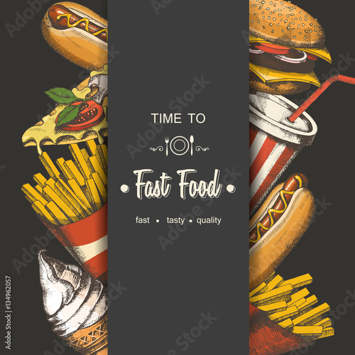 Set of hand-drawn fast food. Background with food for menu and advertising or packaging. Sketch. Vector design