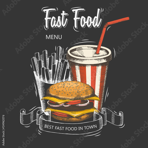Backgrounds with a hamburger, french fries, and soda hand-drawn. Sketch. Menu for the restaurant or advertising. Vector elements of fast food