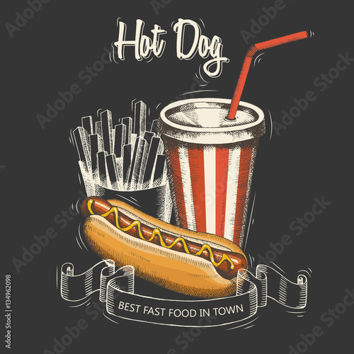 Vector Hand-drawn Fast food menu. Set of soda, hot dog and french fries. Sketch. 