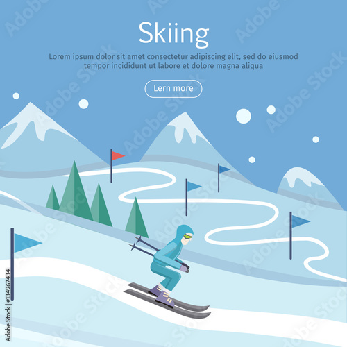 Skiing Banner. Skier on Snowy Sope. Way in Hills