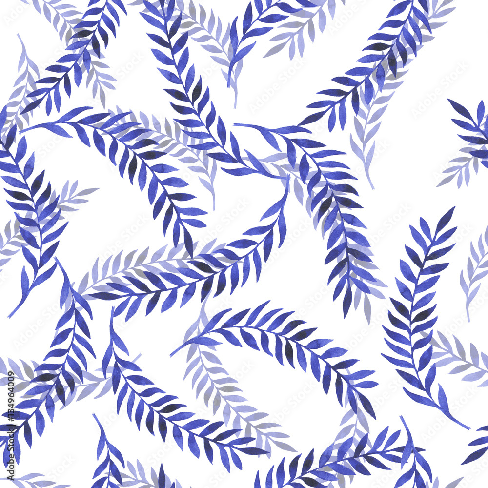Fototapeta Seamless pattern with blue branchea and leaves on white background. Hand drawn watercolor illustration.