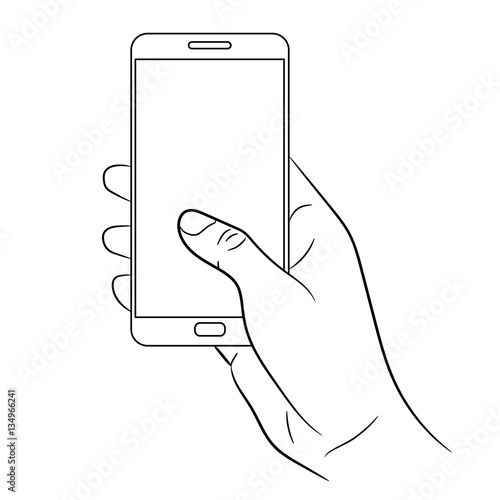 female hand holding a smart phone on white background of monochr