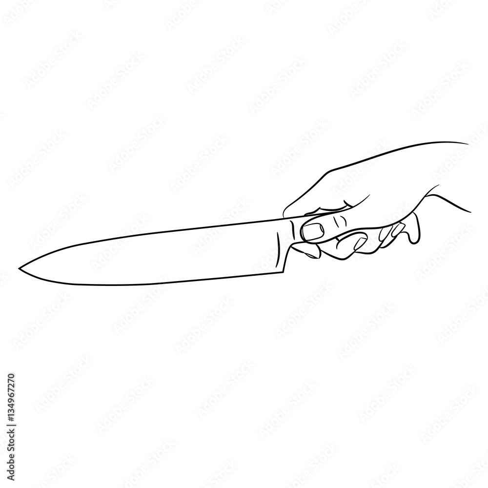 Obraz premium female hand holding a kitchen knife on white background of monochrome vector illustrations